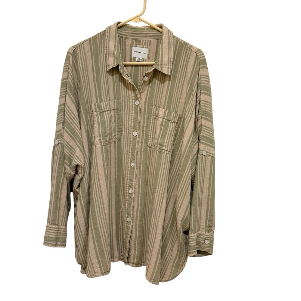 American Eagle Women Oversized Linen Blend Coastal Button Up Green Cream L‎